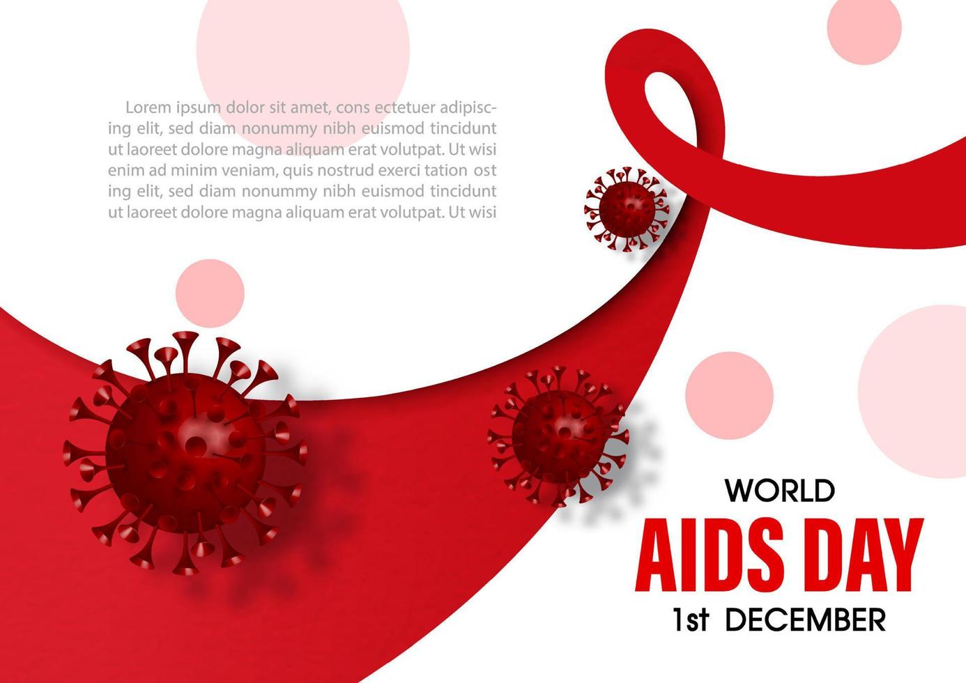 teken en symbool van hiv virus in 3d stijl Aan verdieping in een rood lint vorm met de dag en naam van evenement, voorbeeld tekst. wereld AIDS dag poster's campagne in 3d stijl en vector ontwerp.