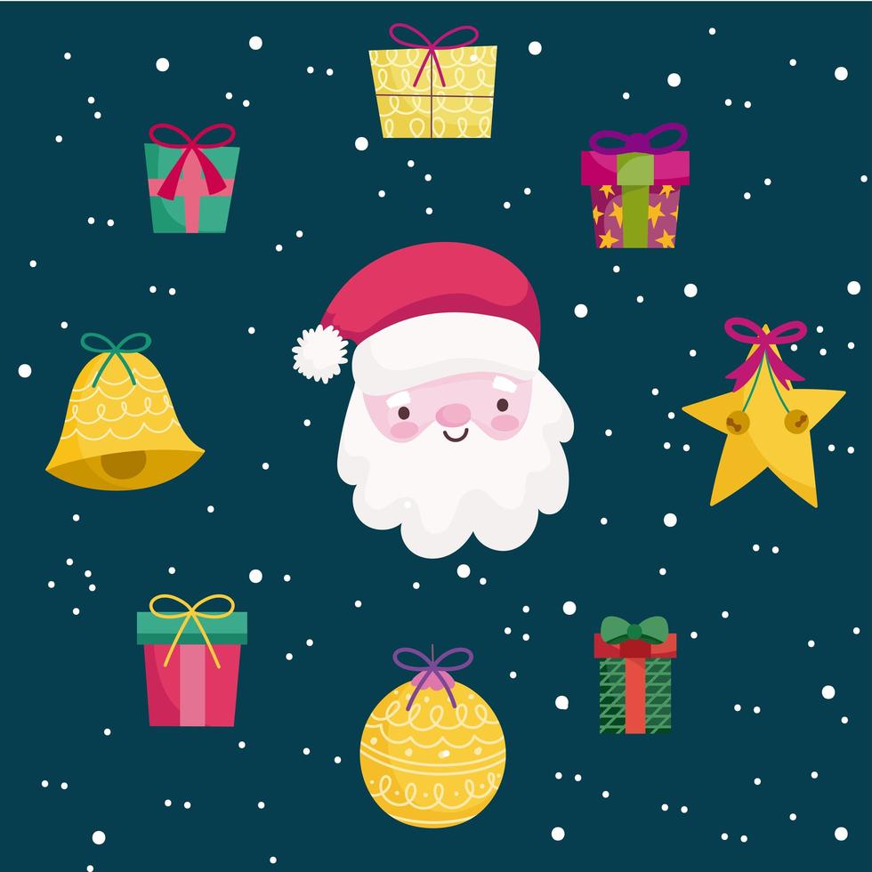 vrolijke kerstbanner met kerstman en schattige pictogrammen vector