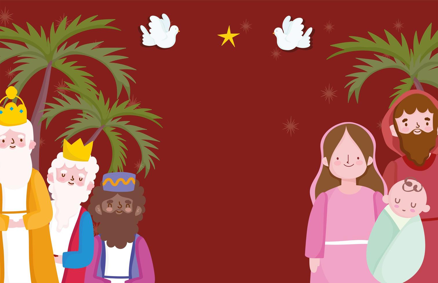 kerst en kerststal banner met heilige familie en magiërs vector