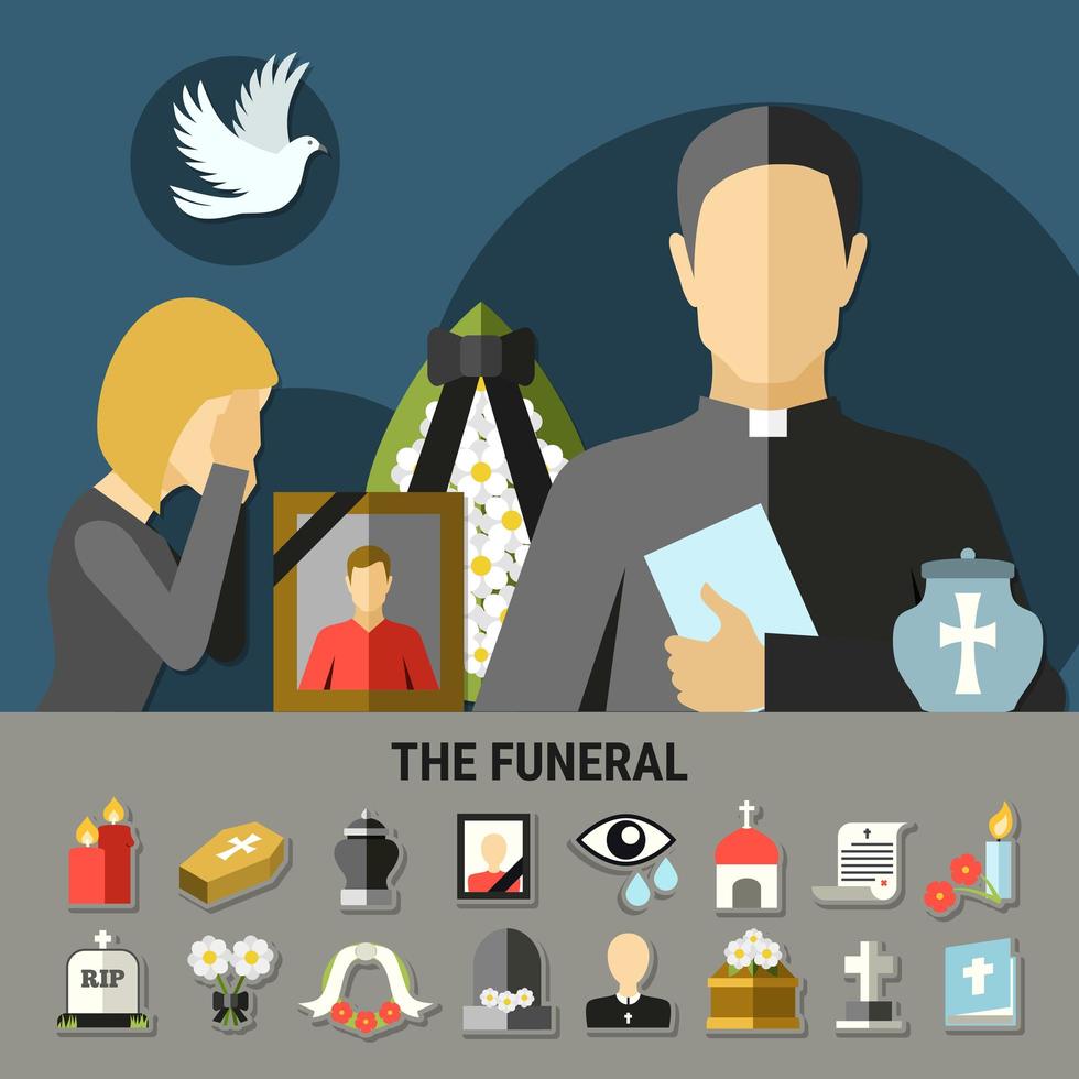 begrafenis en rouw banner en pictogramserie vector