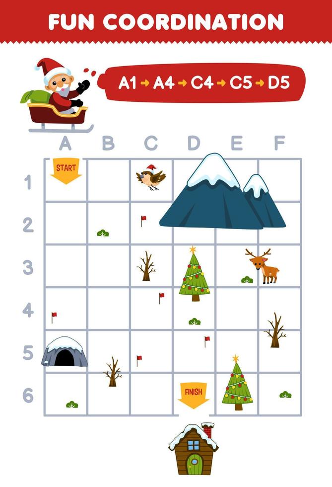 onderwijs spel voor kinderen trek de manier volgens naar de coördinaten naar helpen de kerstman Actie naar de huis afdrukbare winter werkblad vector