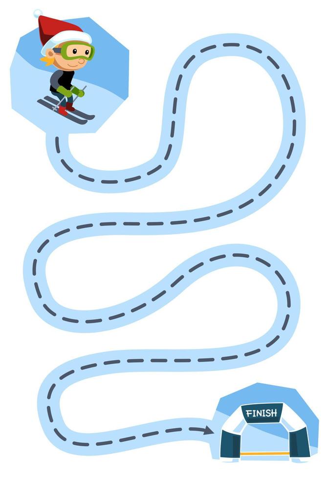 onderwijs spel voor kinderen handschrift praktijk spoor de lijnen helpen schattig tekenfilm jongen spelen ski Actie naar af hebben lijn afdrukbare winter werkblad vector