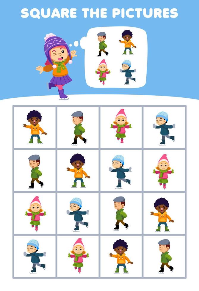 onderwijs spel voor kinderen helpen schattig tekenfilm meisje spelen ijs het schaatsen plein de correct mensen reeks afbeelding afdrukbare winter werkblad vector