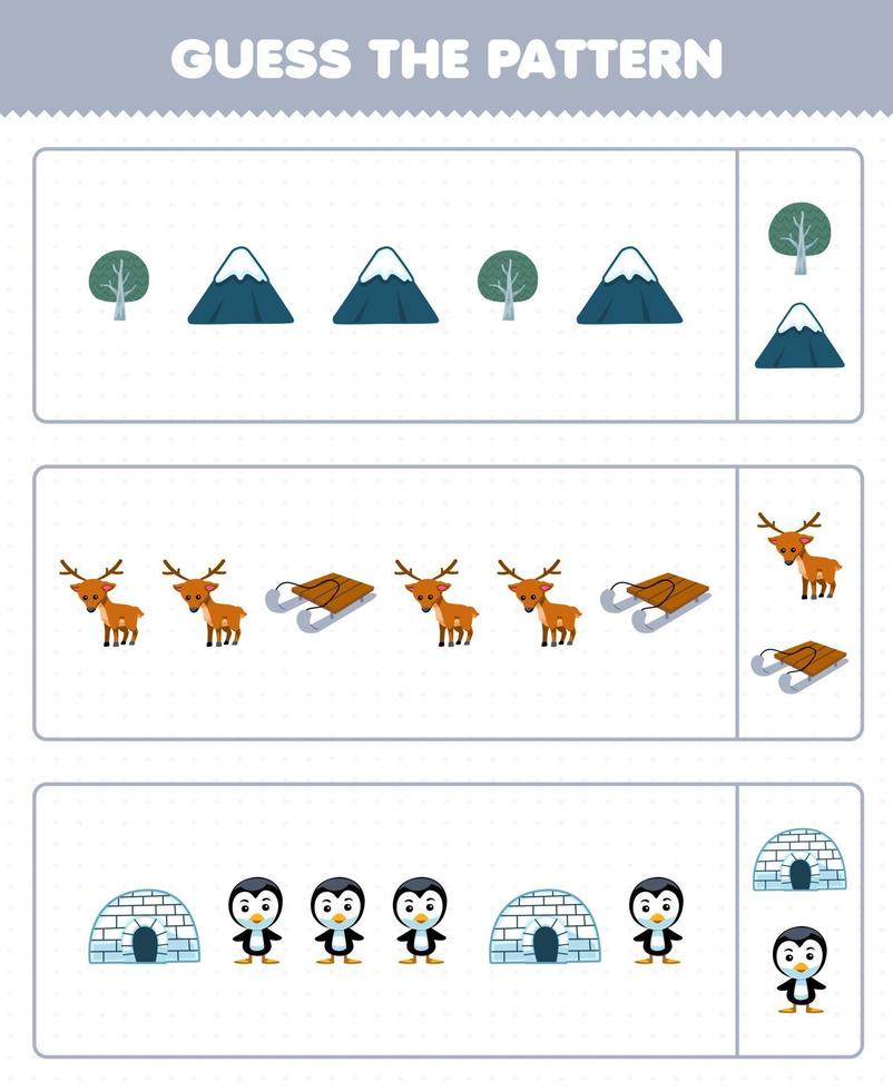 onderwijs spel voor kinderen Raad eens de patroon elk rij van schattig tekenfilm boom berg hert slee iglo pinguïn afdrukbare winter werkblad vector