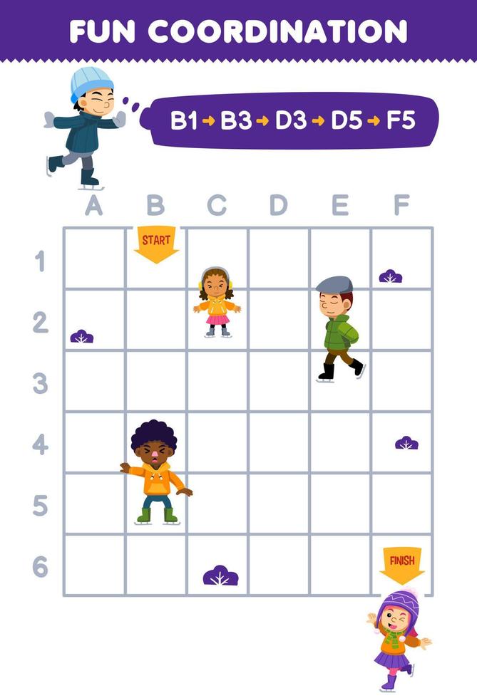 onderwijs spel voor kinderen trek de manier volgens naar de coördinaten naar helpen de jongen spelen ijs het schaatsen naar de meisje afdrukbare winter werkblad vector