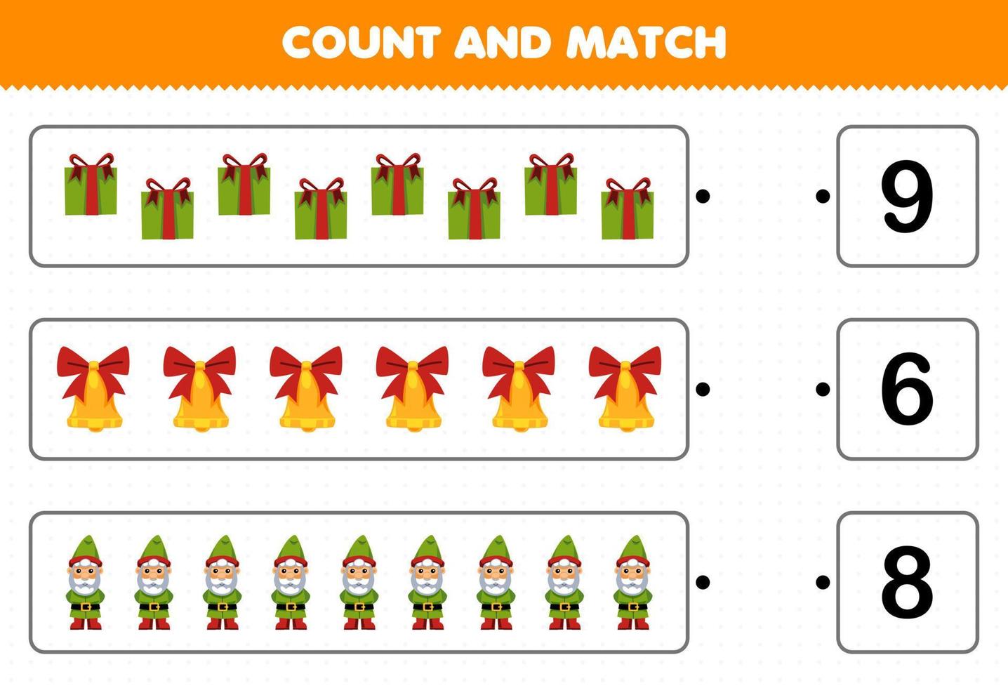 onderwijs spel voor kinderen tellen de aantal van schattig tekenfilm geschenk doos klok gnoom en bij elkaar passen met de Rechtsaf getallen afdrukbare winter werkblad vector