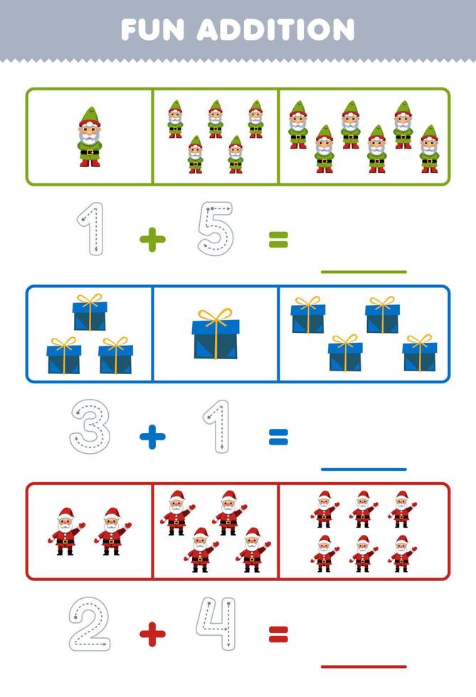 onderwijs spel voor kinderen pret toevoeging door tellen en traceren de aantal van schattig tekenfilm gnoom geschenk doos de kerstman afdrukbare winter werkblad vector