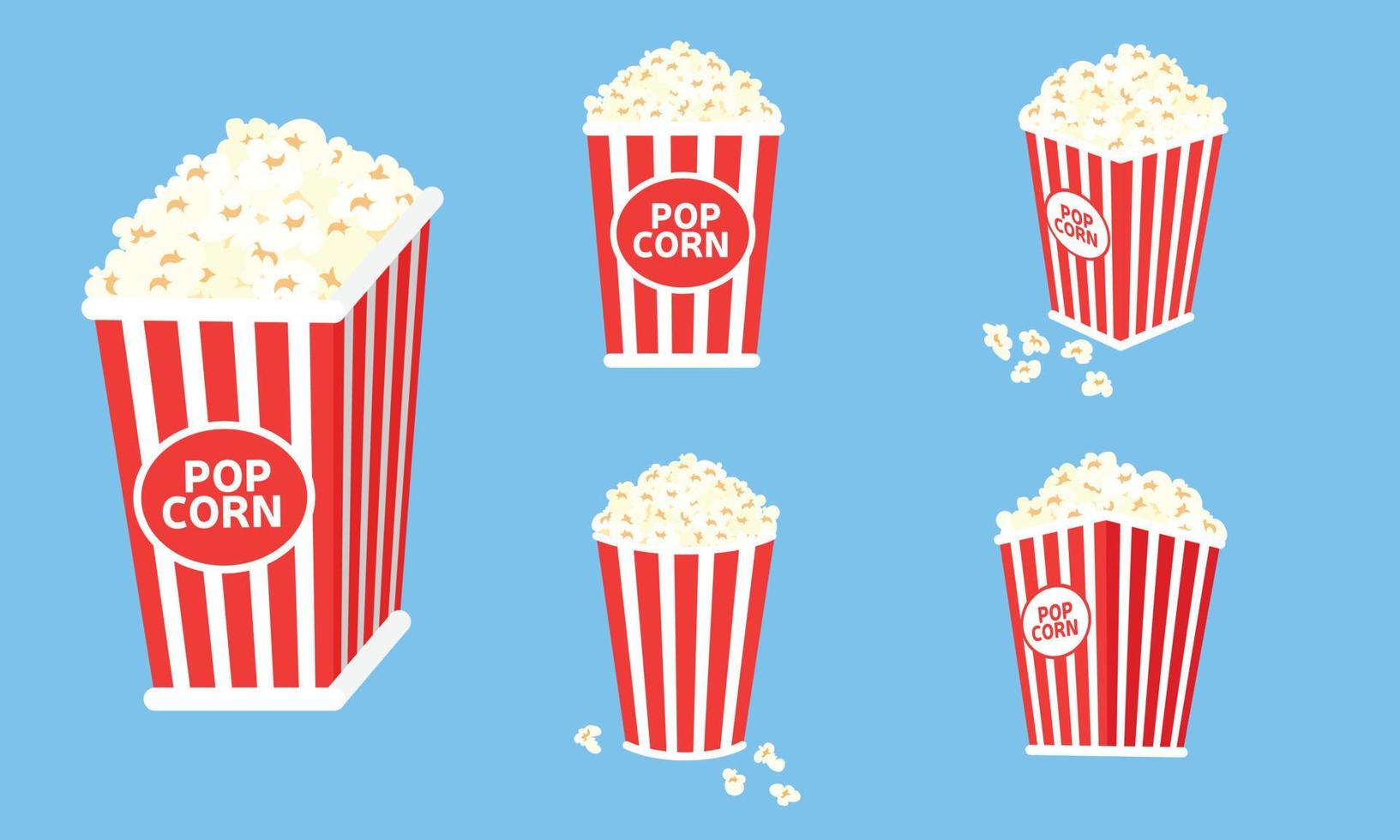 reeks van doos met popcorn. rood pak met popcorn voor bioscoop of film. vector illustratie.