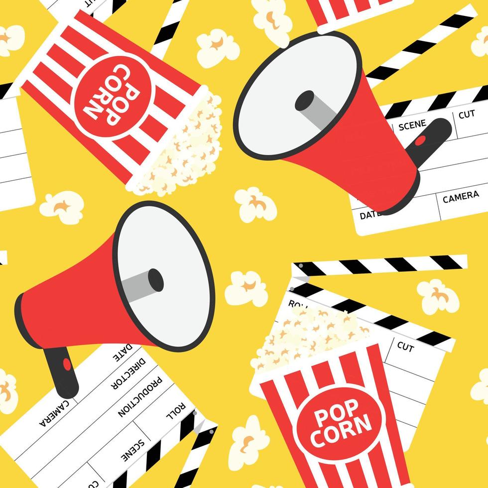 naadloos bioscoop patroon Aan geel achtergrond. megafoon, sprekende trompet, megafoon, blazen Hoorn, of megafoon, filmklapper, popcorn. vector illustratie.