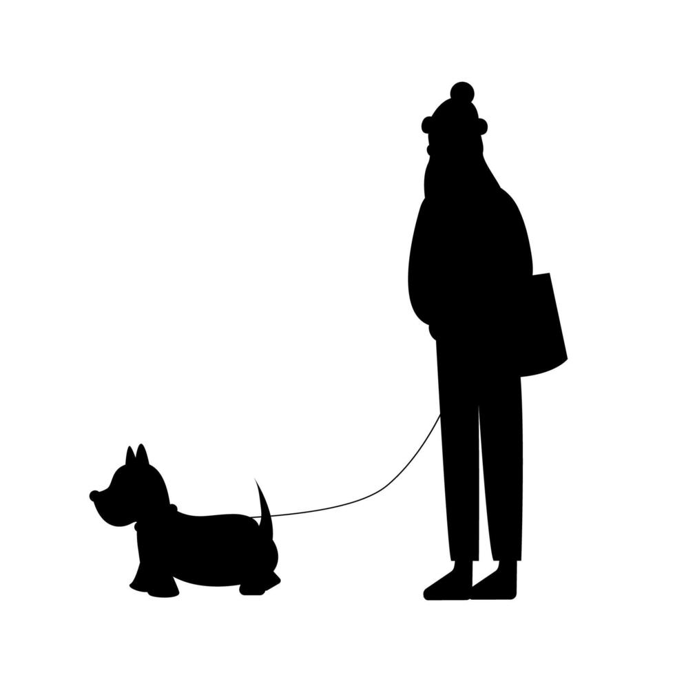 silhouet van een vrouw wandelen met een hond in winter. vector