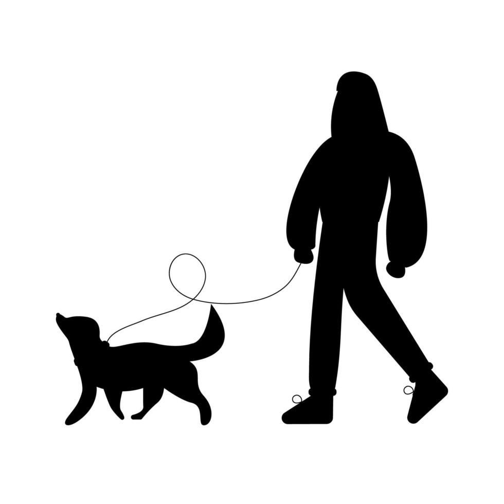 maand van hond wandelen. silhouet van een vrouw wandelen met een hond vector