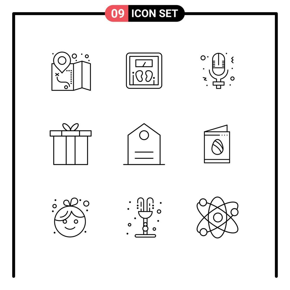 modern reeks van 9 contouren pictogram van slogan eenvoudig microfoon geschenk doos bewerkbare vector ontwerp elementen