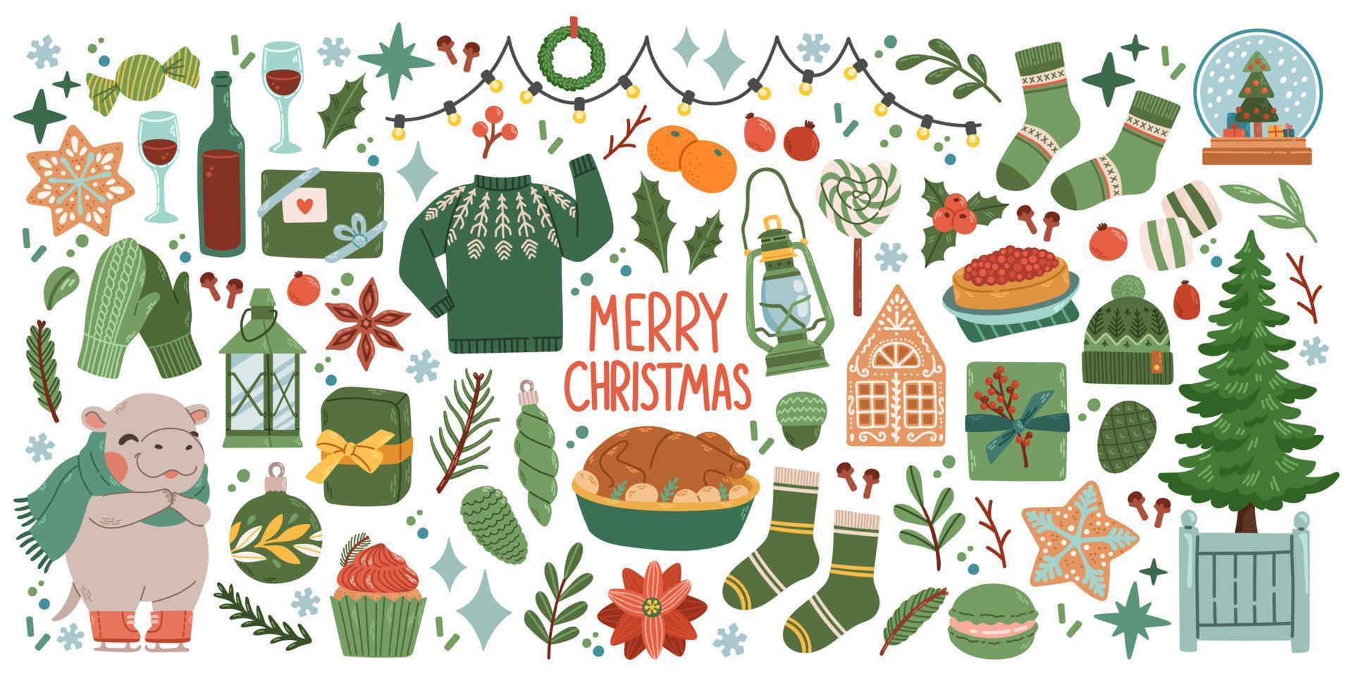 Kerstmis groot reeks van elementen met koekjes, huizen, presenteert, trui, vacht boom, kransen. stickers set. hand- getrokken stijl vector