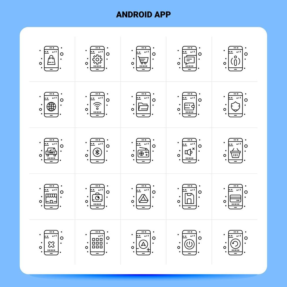 schets 25 android app icoon set. vector lijn stijl ontwerp zwart pictogrammen set. lineair pictogram pak. web en mobiel bedrijf ideeën ontwerp vector illustratie.