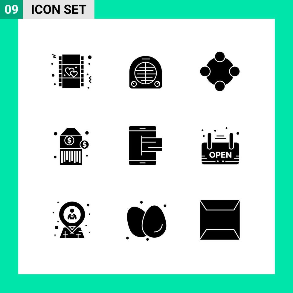 modern reeks van 9 solide glyphs pictogram van e label baby rammelaar prijs speelgoed- bewerkbare vector ontwerp elementen