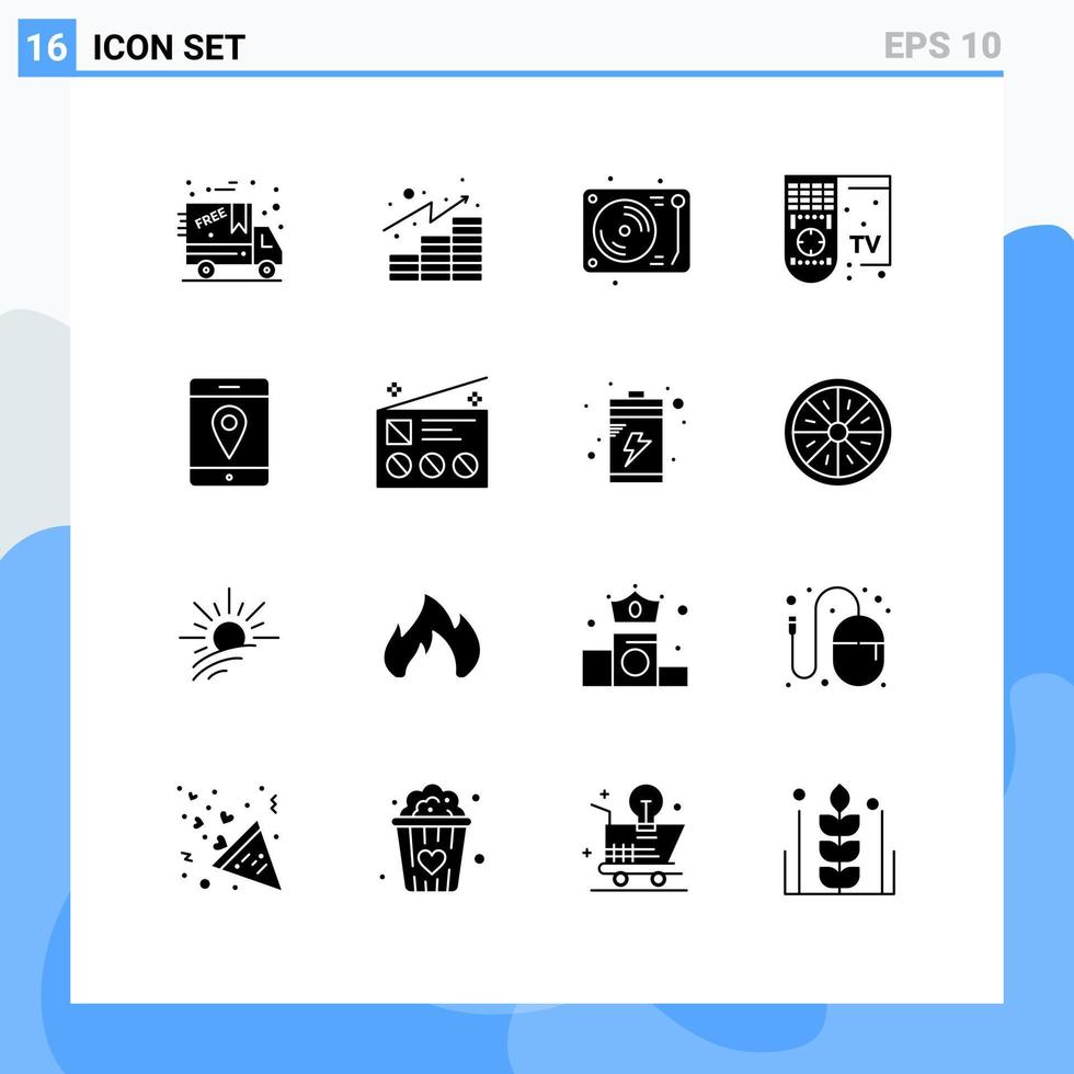 16 thematisch vector solide glyphs en bewerkbare symbolen van mobiel plaats dis TV controle bewerkbare vector ontwerp elementen