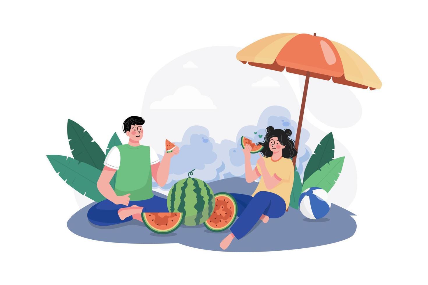 mensen aan het eten meloen illustratie concept. een vlak illustratie geïsoleerd Aan wit achtergrond vector