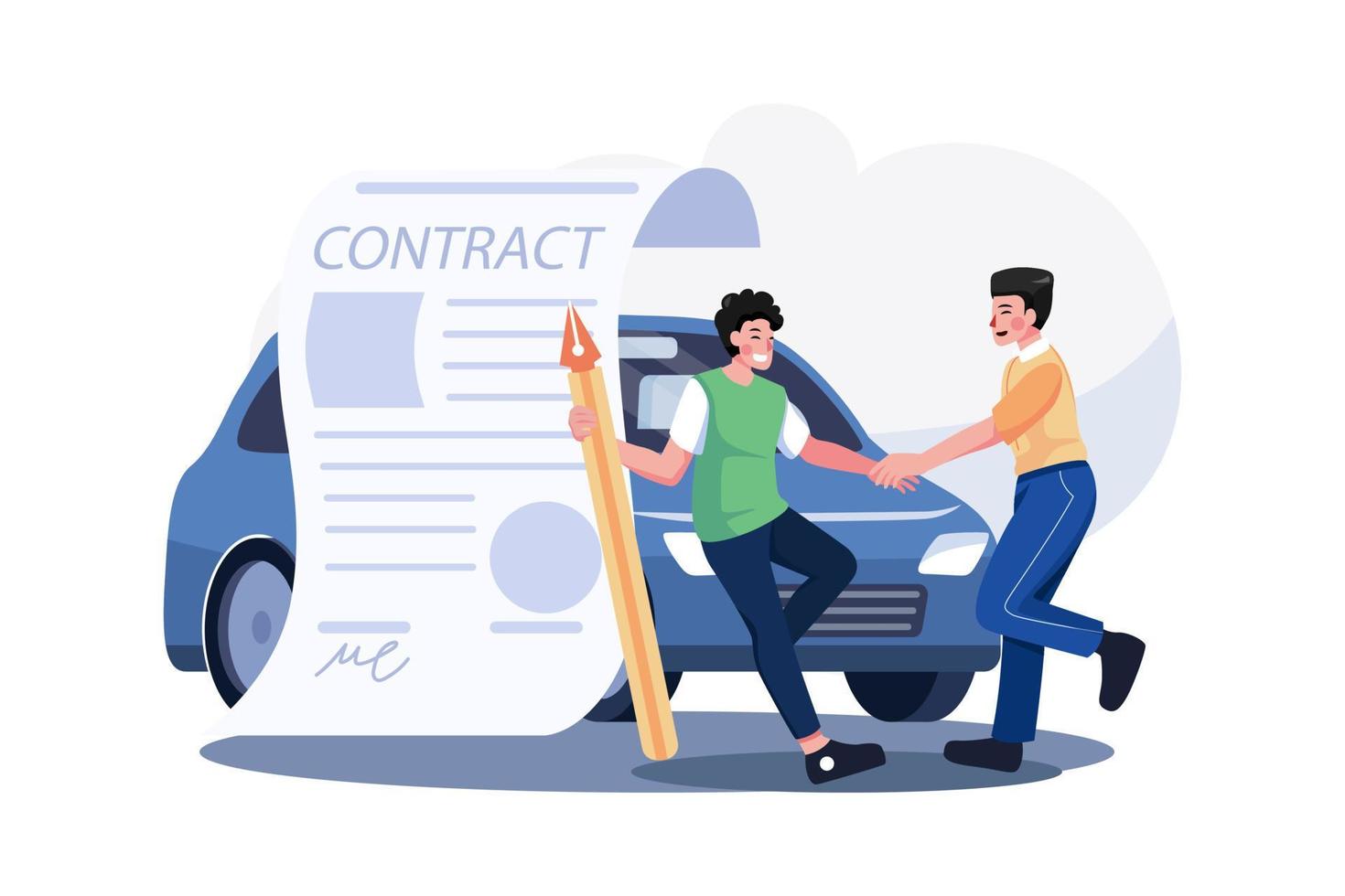 man en auto showroommanager ondertekening contract vector