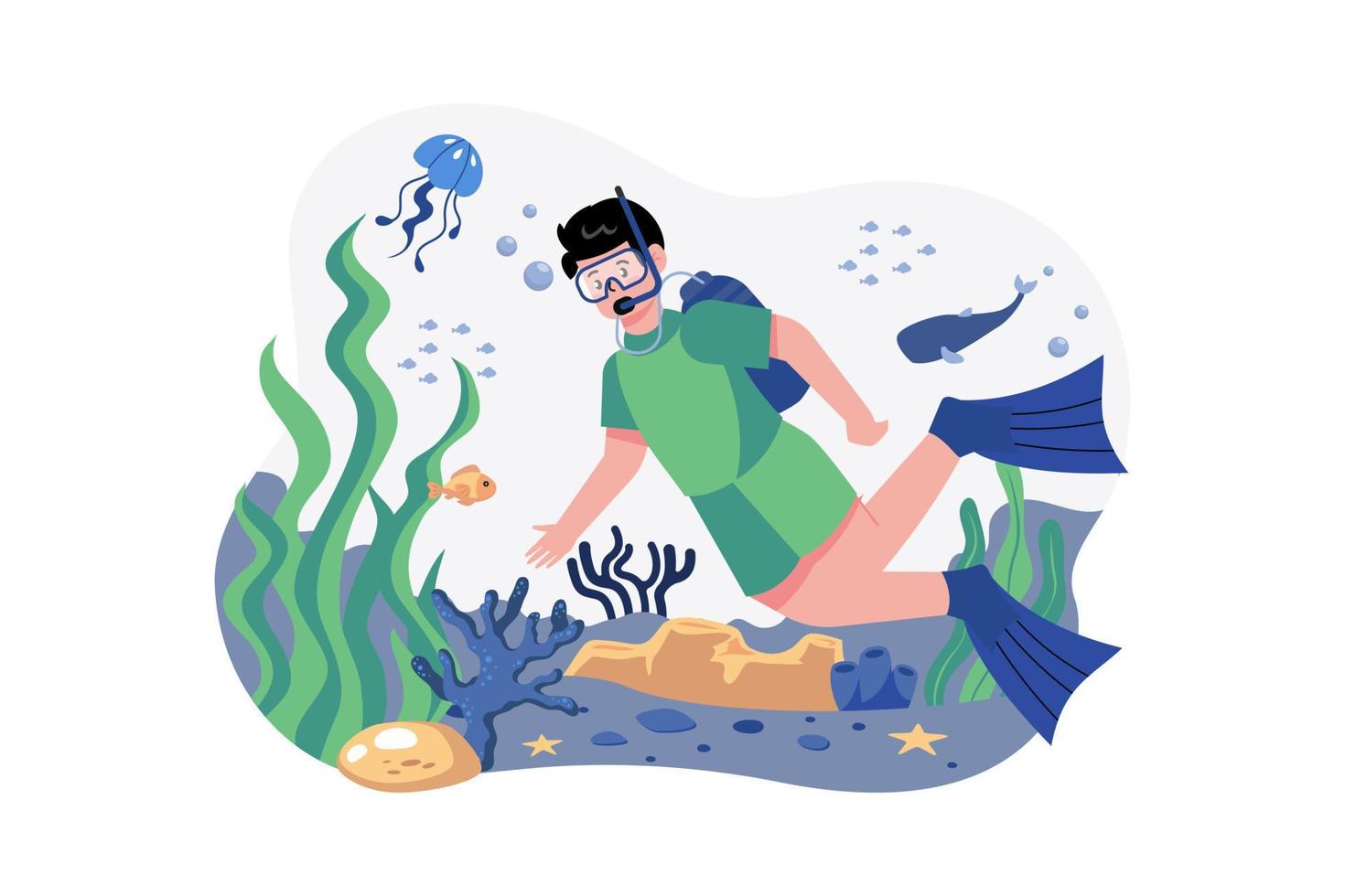 jongen genieten van scuba duiken illustratie concept. een vlak illustratie geïsoleerd Aan wit achtergrond vector