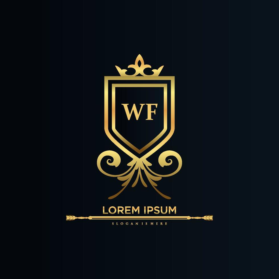 wf brief eerste met Koninklijk sjabloon.elegant met kroon logo vector, creatief belettering logo vector illustratie.