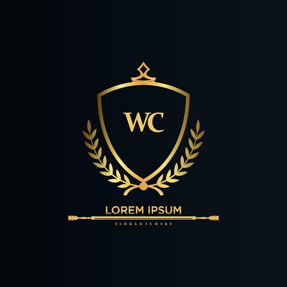 wc brief eerste met Koninklijk sjabloon.elegant met kroon logo vector, creatief belettering logo vector illustratie.