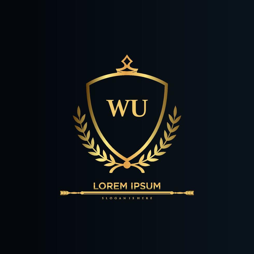 wu brief eerste met Koninklijk sjabloon.elegant met kroon logo vector, creatief belettering logo vector illustratie.