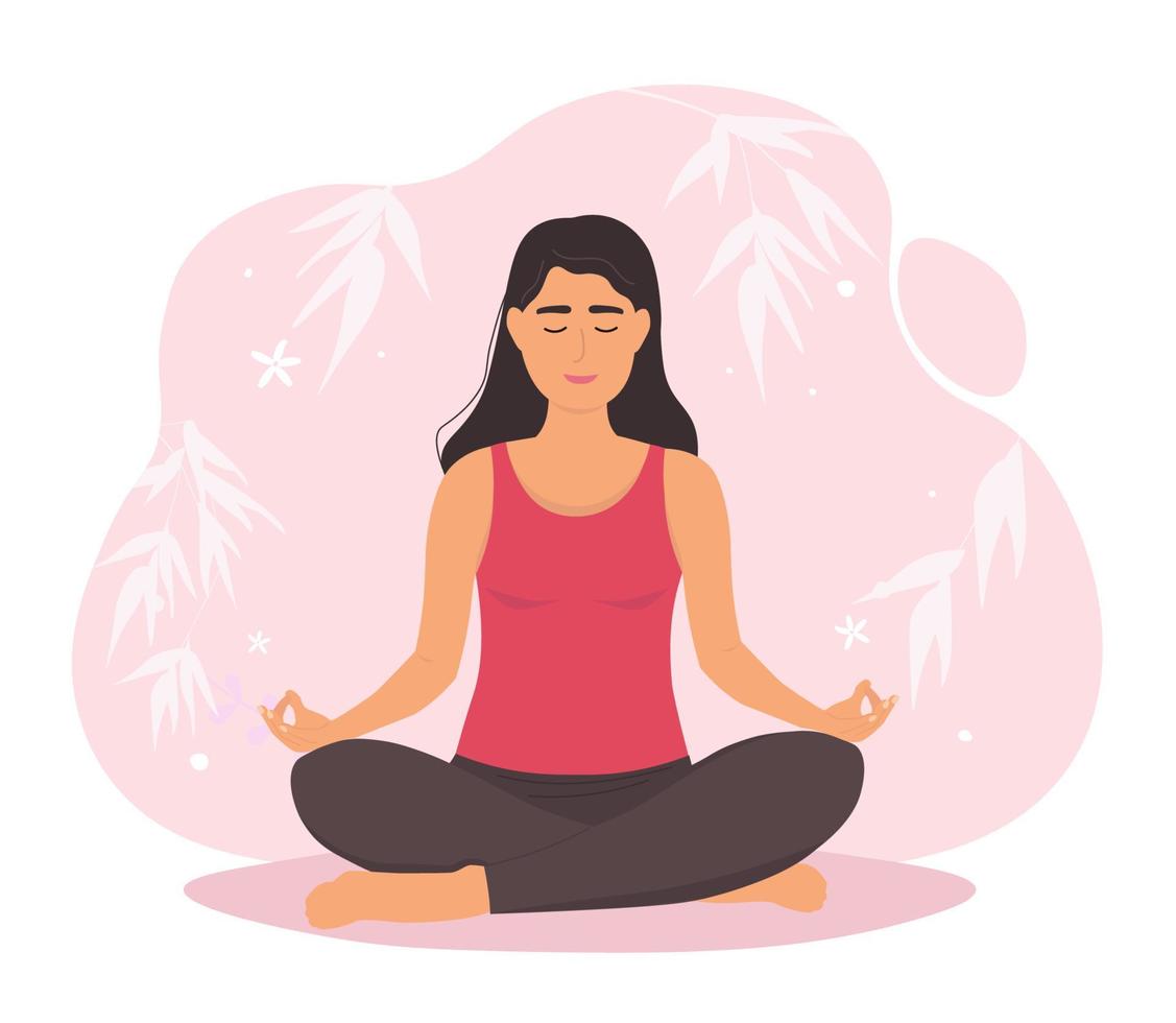 een vrouw is zittend in de lotus positie met haar poten gekruiste in de lotus positie, aan het doen yoga asana's. vector grafiek.