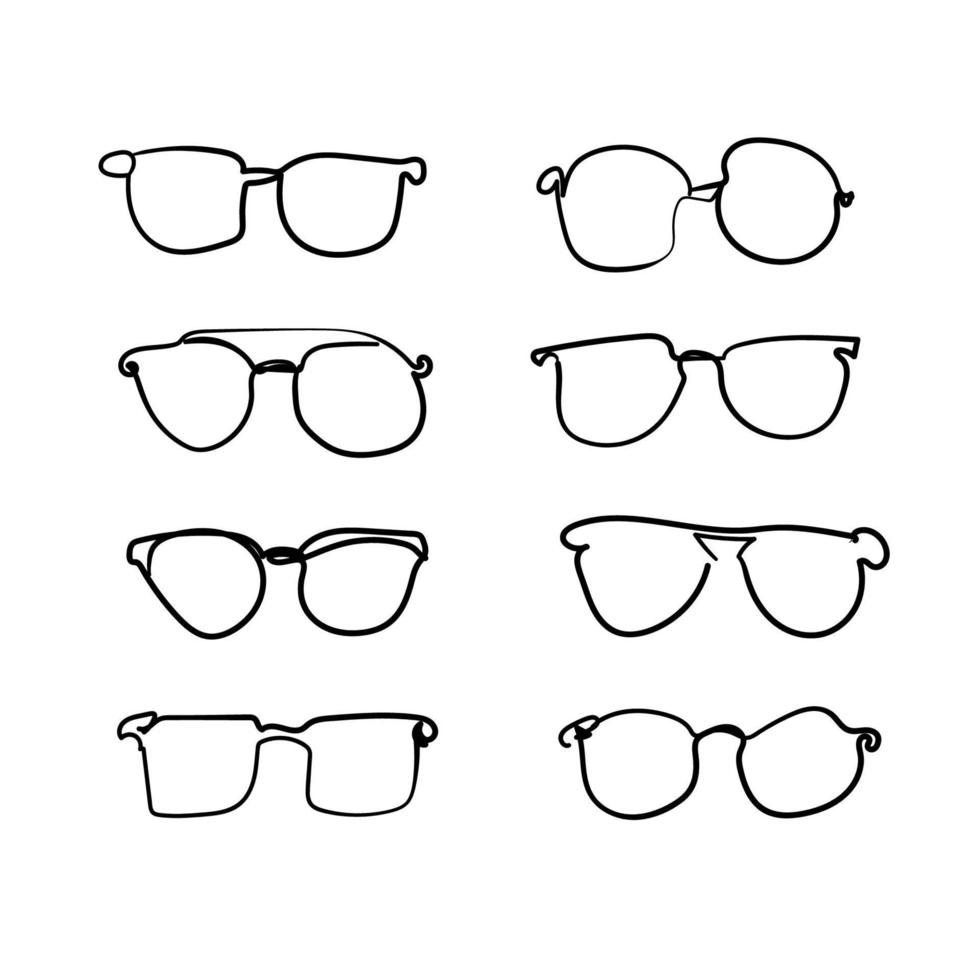 hand- getrokken bril set. mode bril accessoire. plastic kader modern bril. vakantie item. tekening stijl vector. vector