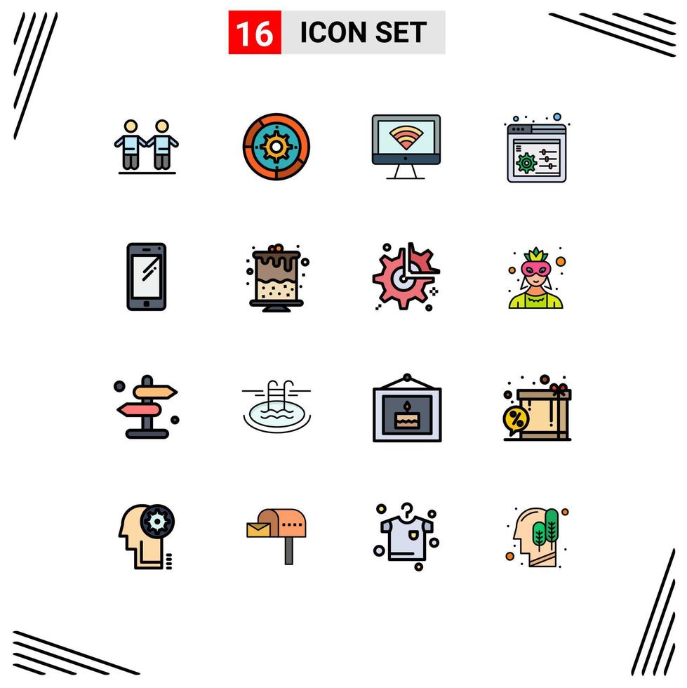 16 vlak kleur gevulde lijn concept voor websites mobiel en apps slim telefoon instellingen werkwijze paneel signaal bewerkbare creatief vector ontwerp elementen