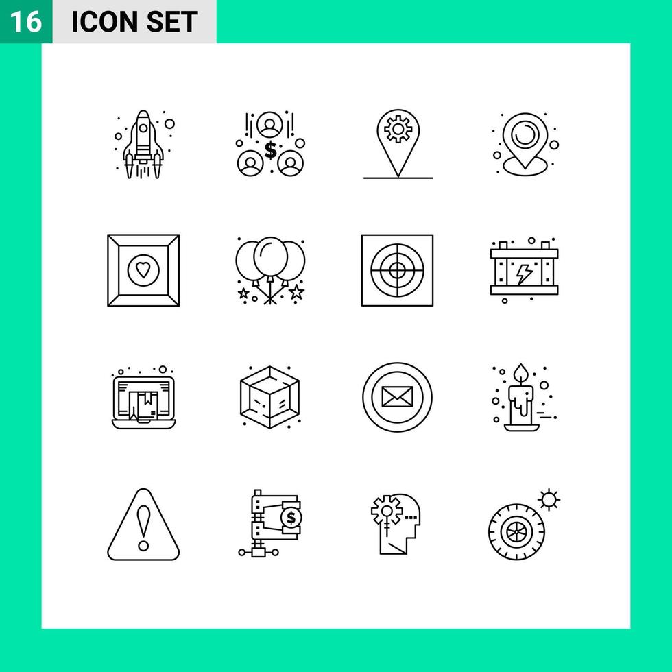pictogram reeks van 16 gemakkelijk contouren van ballon favoriete plaats doos kaart bewerkbare vector ontwerp elementen