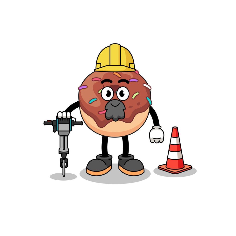 karakter tekenfilm van donuts werken Aan weg bouw vector