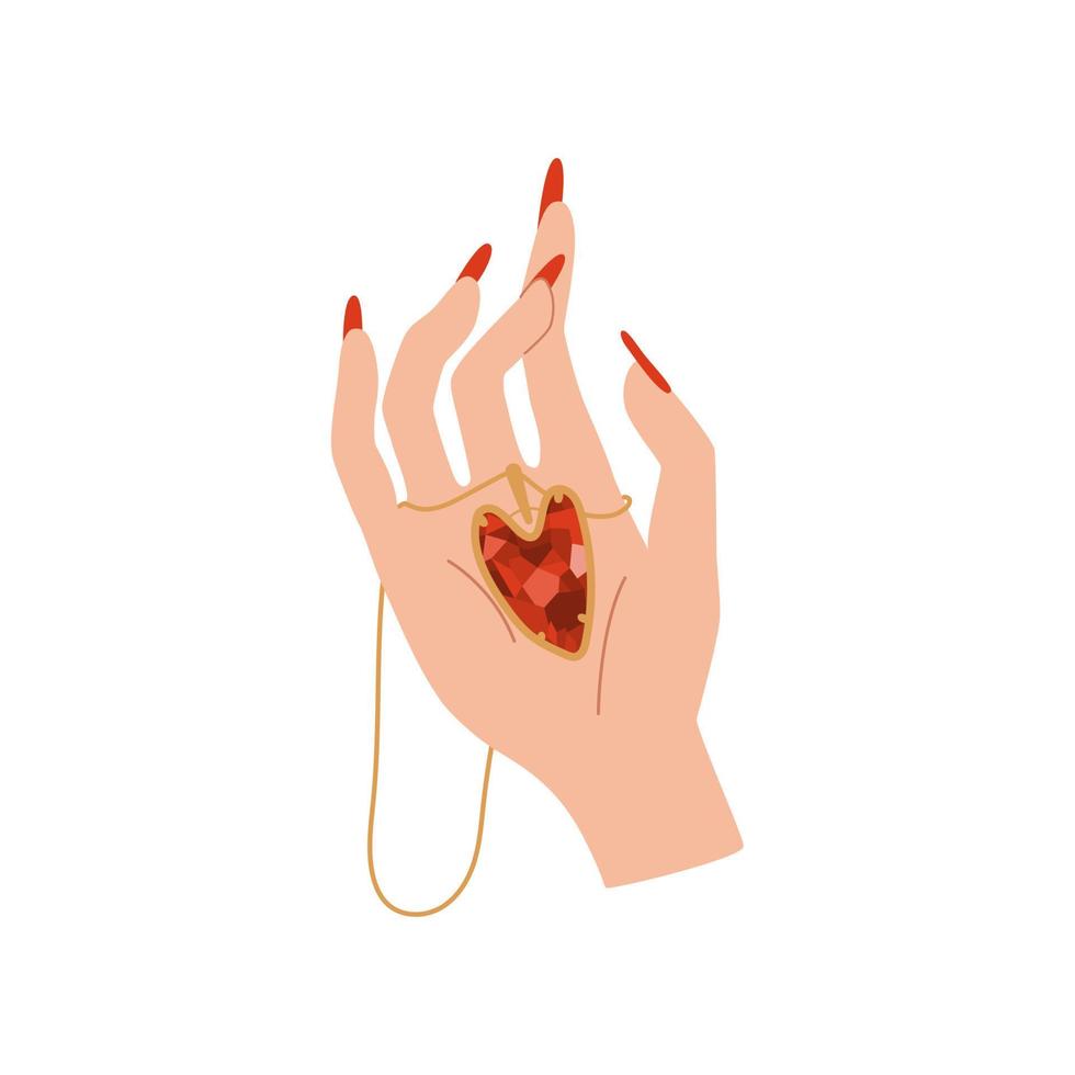 vrouw hand- Holding hartvormig robijn ketting. gouden sieraden Aan dame palm, juweel accessoire. vector illustratie geïsoleerd Aan wit achtergrond