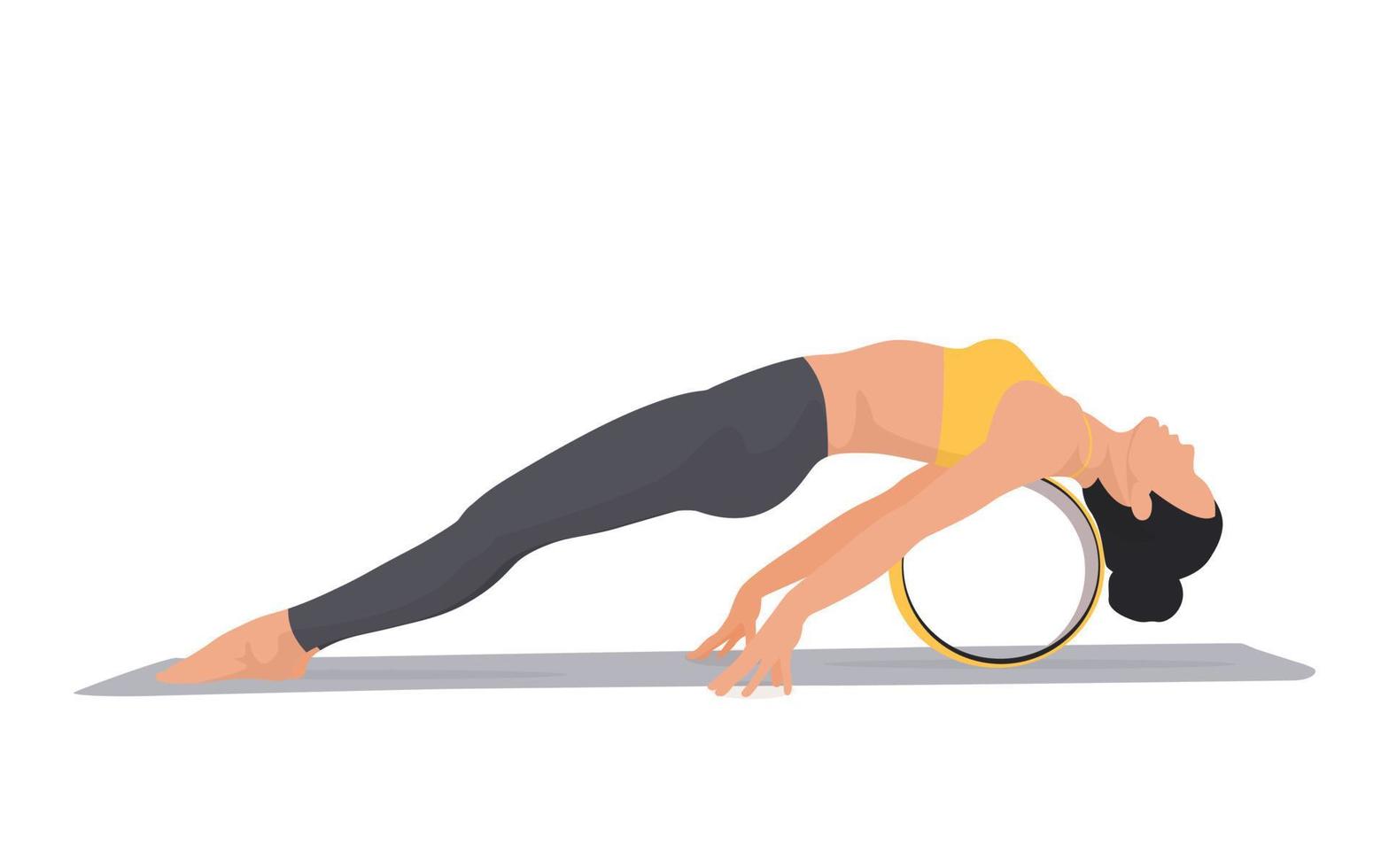 jong meisje demonstreren naar boven plank houding. flexibel vrouw aan het doen purvottanasana yoga houding met wiel. yoga voor beginners. yoga wiel opleiding houding. vector illustratie geïsoleerd Aan de wit achtergrond