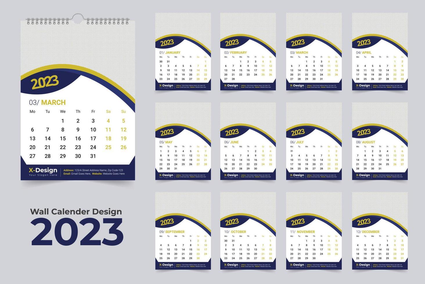 2023 kalender sjabloon, maandelijks muur kalender, gelukkig nieuw jaar muur kalender vector