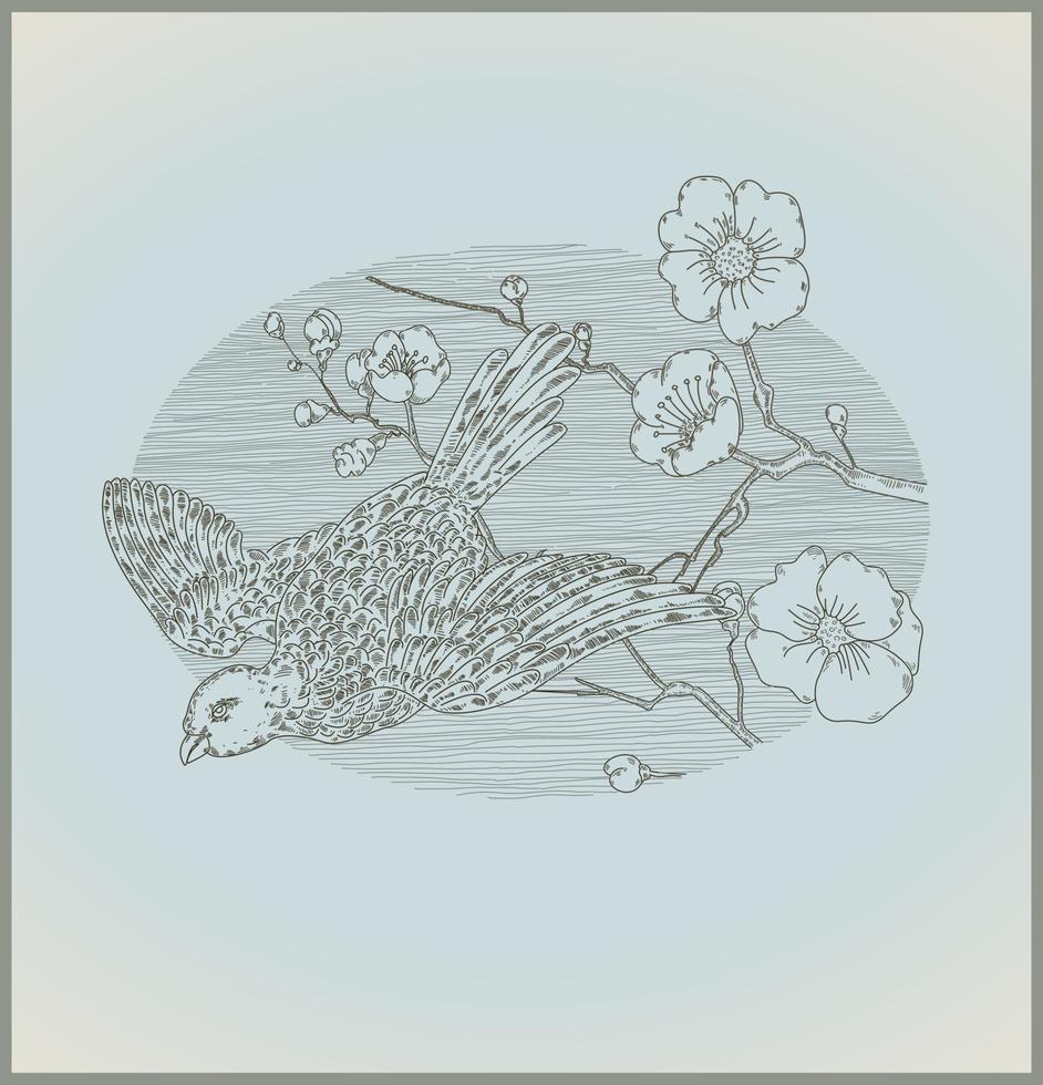 wijnoogst lijn tekening vogel en bloemen vector