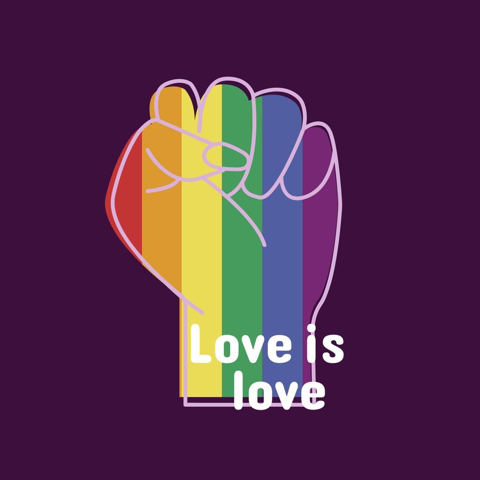 icoon, knop, sticker met vuist in lgbt kleuren en tekst liefde is liefde Aan paars achtergrond vector