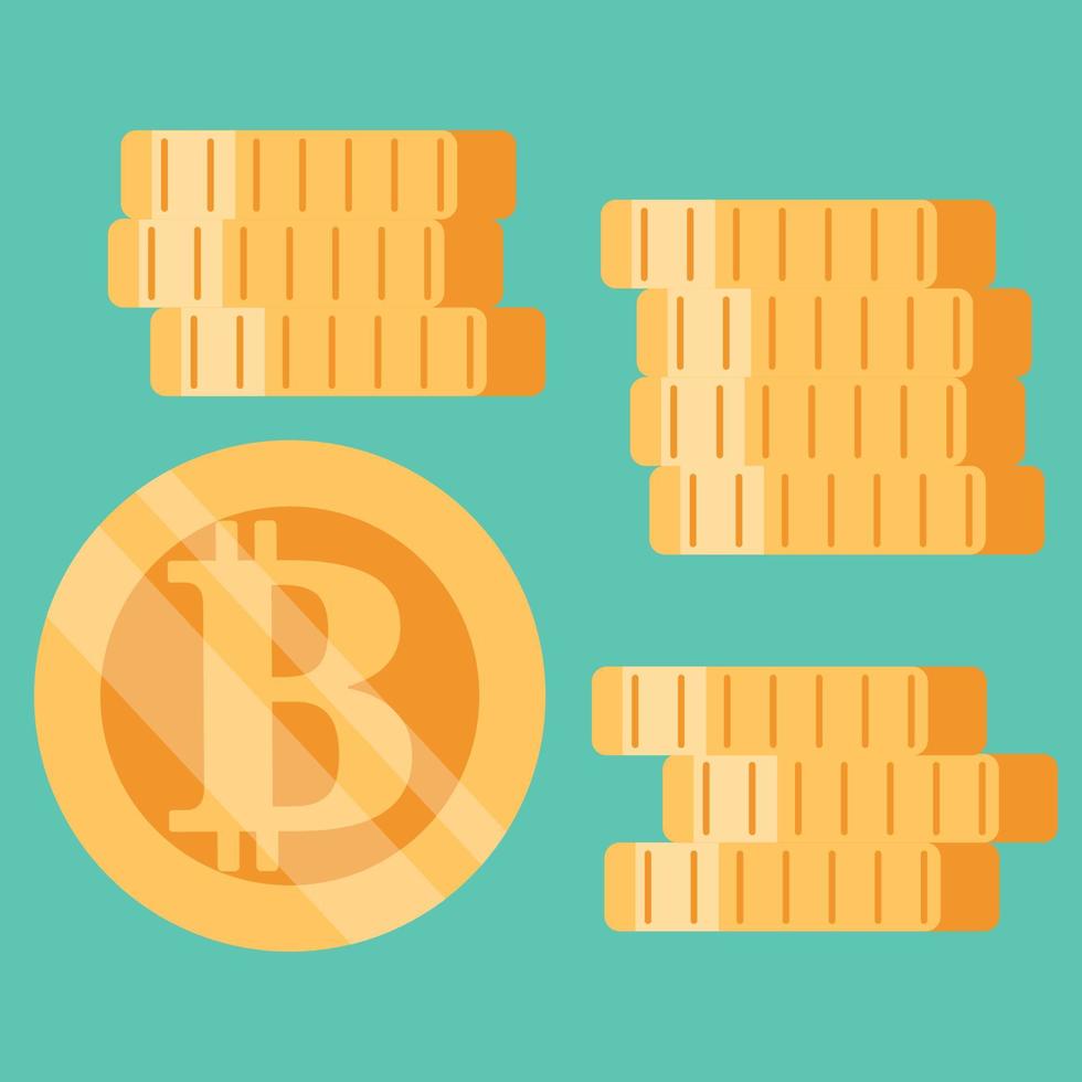 icoon, knop, sticker met een stack van bitcoin munten en een scheiden bitcoin munt Aan een blauw achtergrond vector