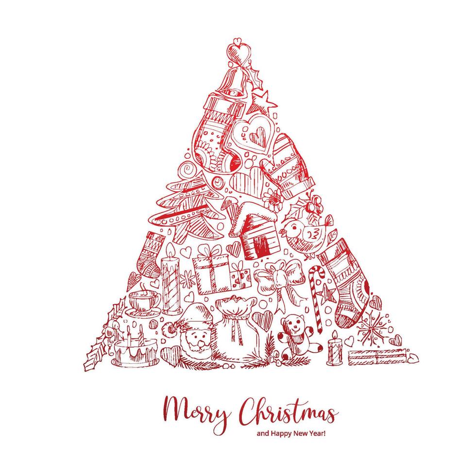 vrolijk Kerstmis decoratief schetsen boom kaart Aan wit achtergrond vector