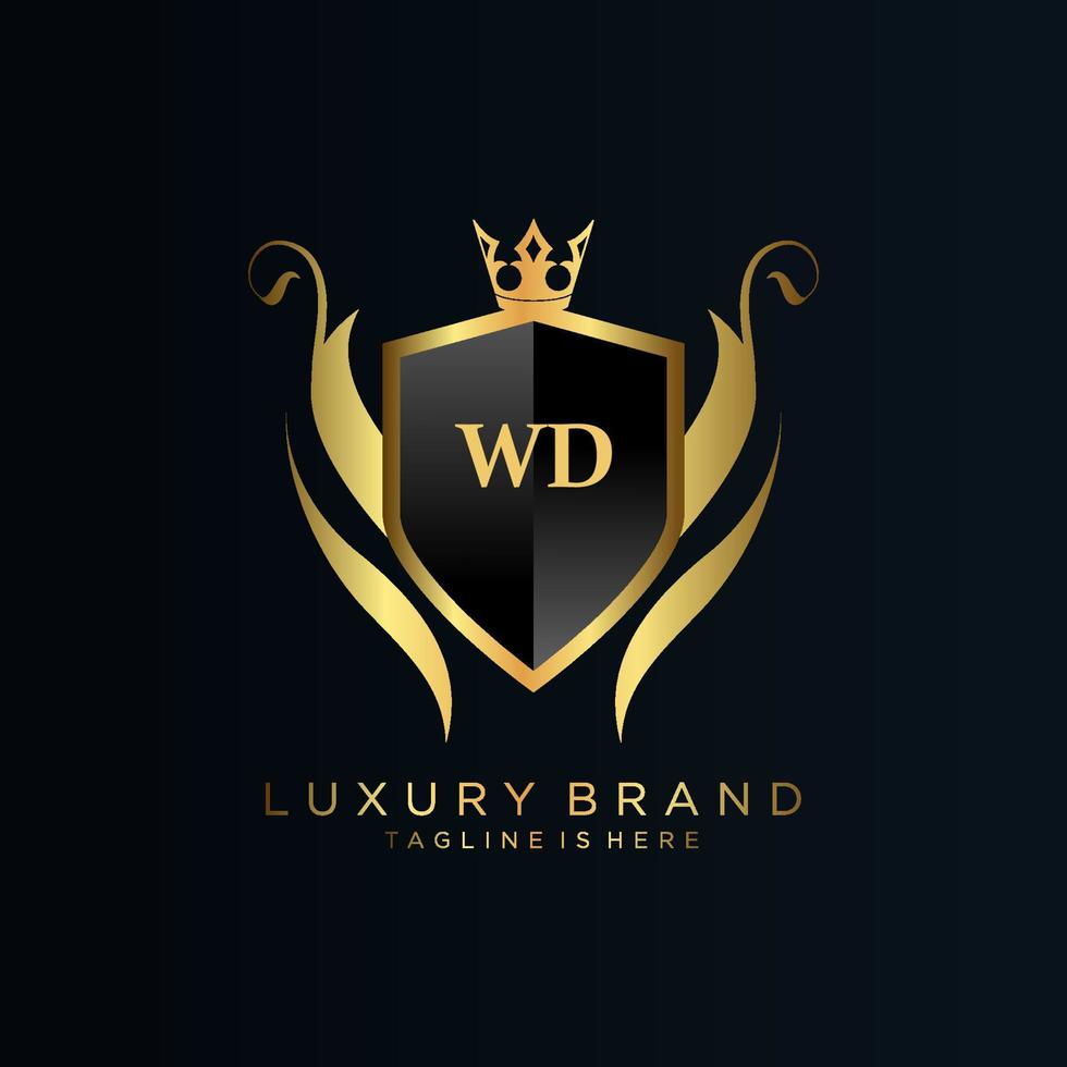 wd brief eerste met Koninklijk sjabloon.elegant met kroon logo vector, creatief belettering logo vector illustratie.