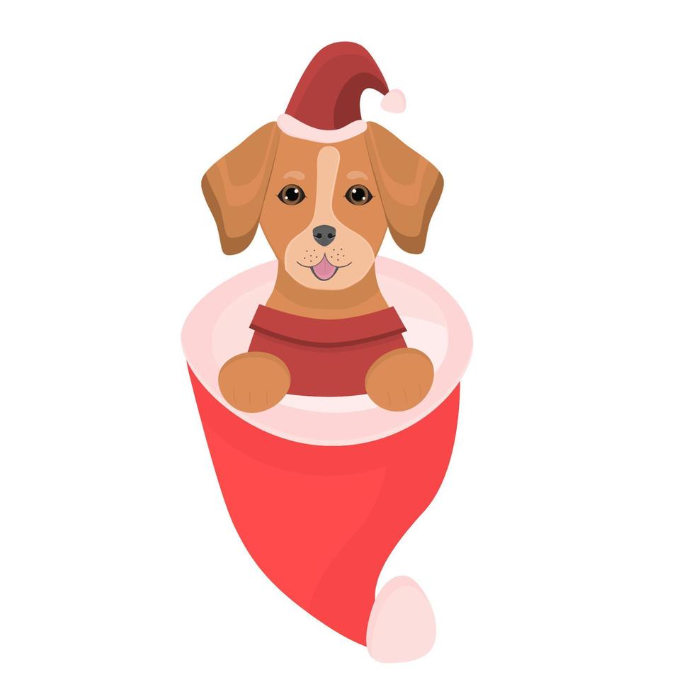 hond zit in rood de kerstman hoed. schattig huisdieren voor felicitatie nieuw jaar, kerstmis. illustratie voor hond geliefden, veterinair klinieken, huisdier winkels. vector