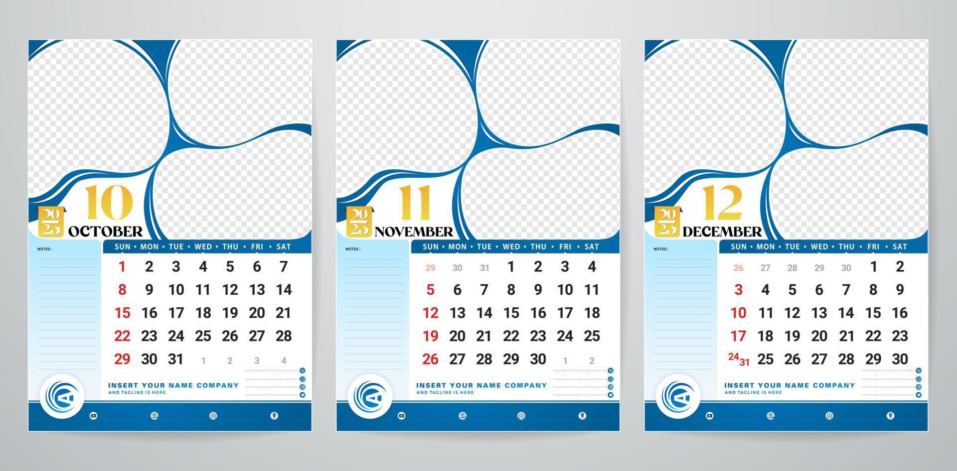 vector illustratie van kalender 2023 oktober november december reeks voor kantoor planner, zakelijke ontwerp ontwerper sjabloon. evenement kalender concepten, minimaal project catalogus, klaar naar prints papier