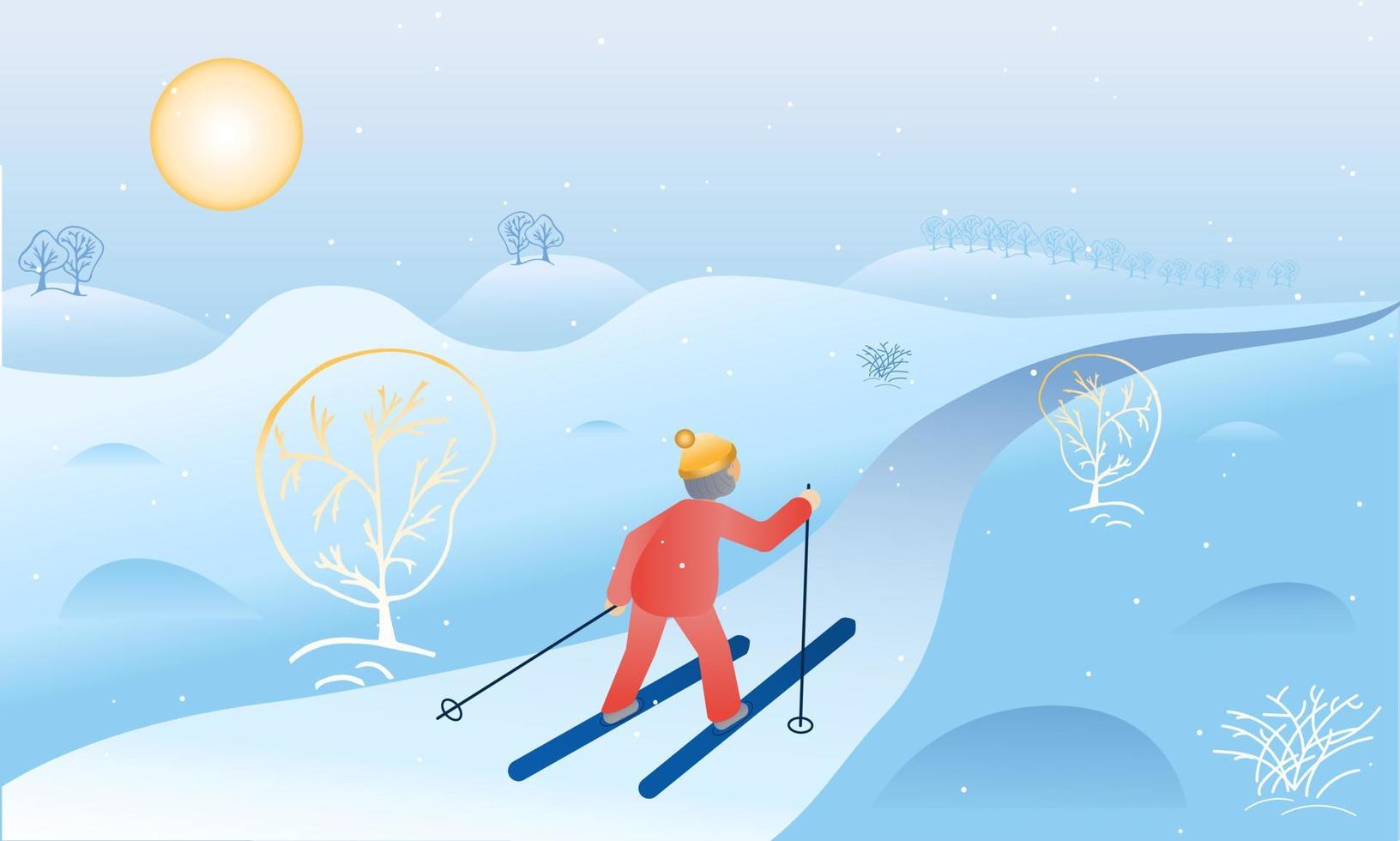 ouderen winter sport. vector illustratie. landschap winter ochtend- wandelen. grootmoeder Gezondheid.