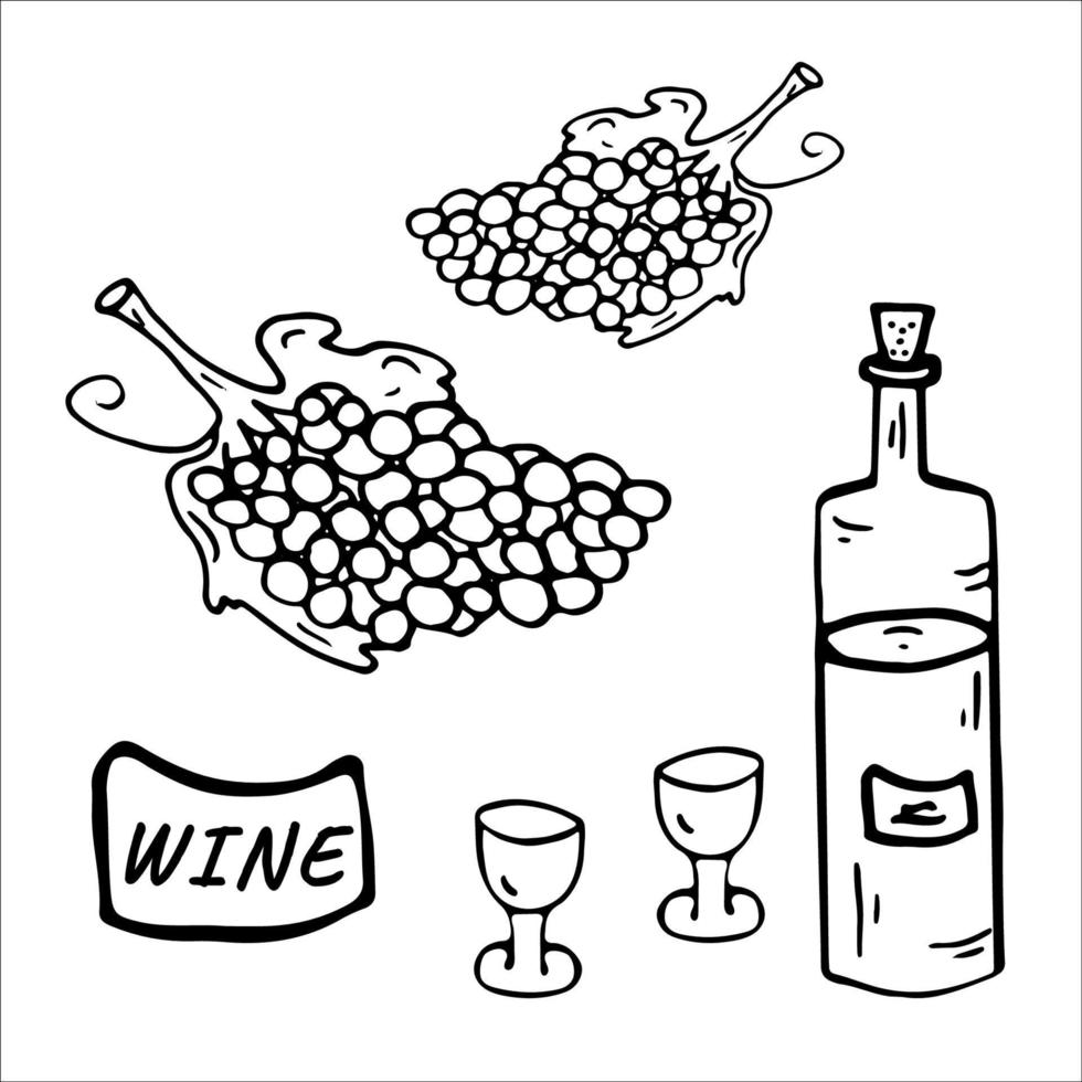 wijn, druiven, twee bril. kleur bladzijde. vector illustratie
