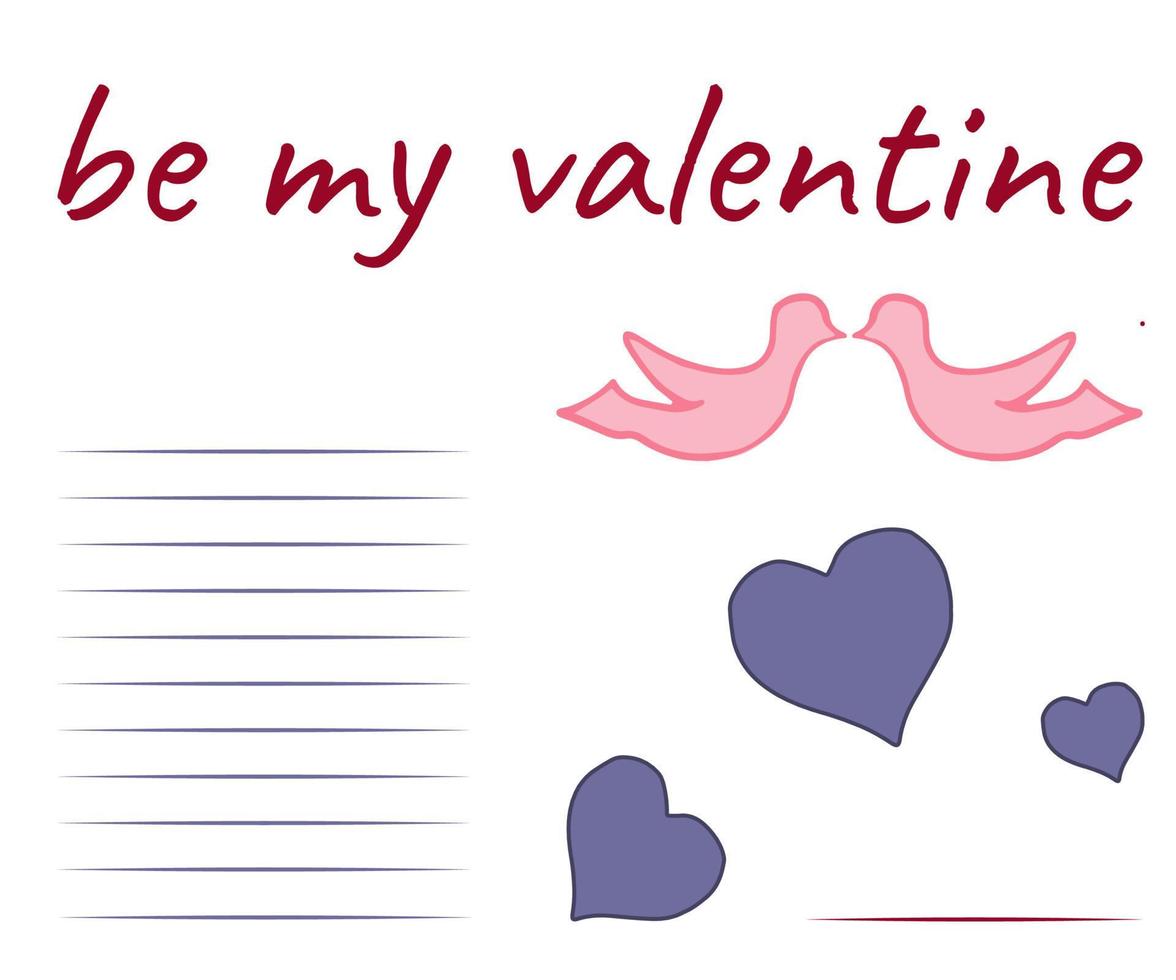 Valentijn dag ansichtkaart. duiven in liefde en harten. plaats voor tekst wens en handtekening. vector illustratie.