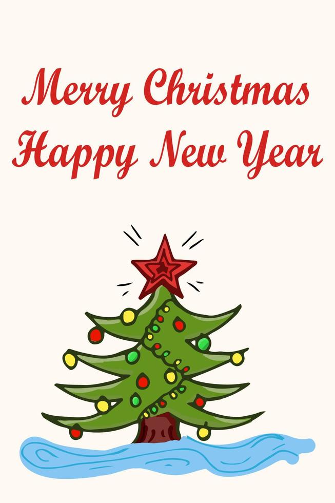 Kerstmis boom. kaart sjabloon. tekening kleuren stijl. geel, rood, groente, blauw. vector illustratie