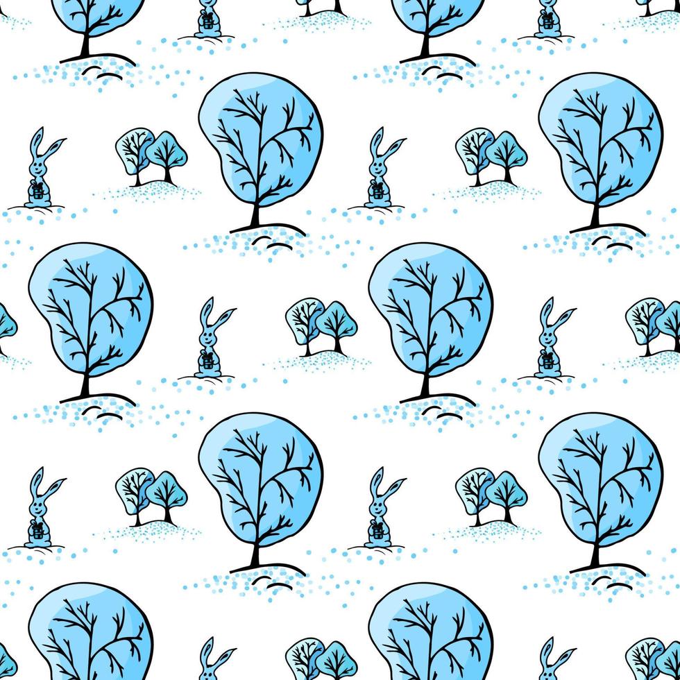 winter Kerstmis naadloos patroon met bomen en konijn. blauw kleuren. vector illustratie.