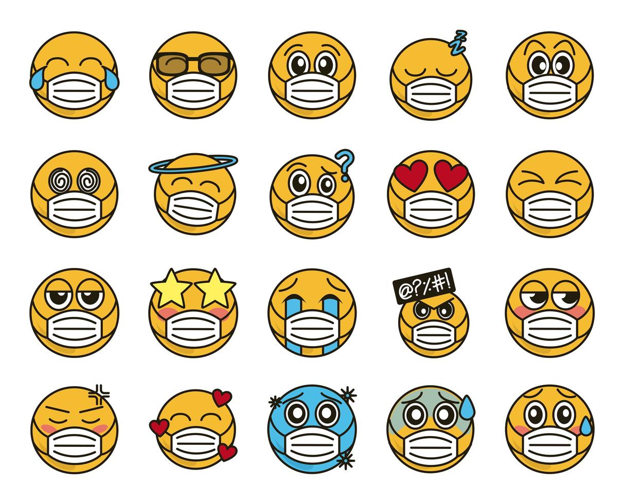 emoticon met gezichtsmasker pictogramserie vector