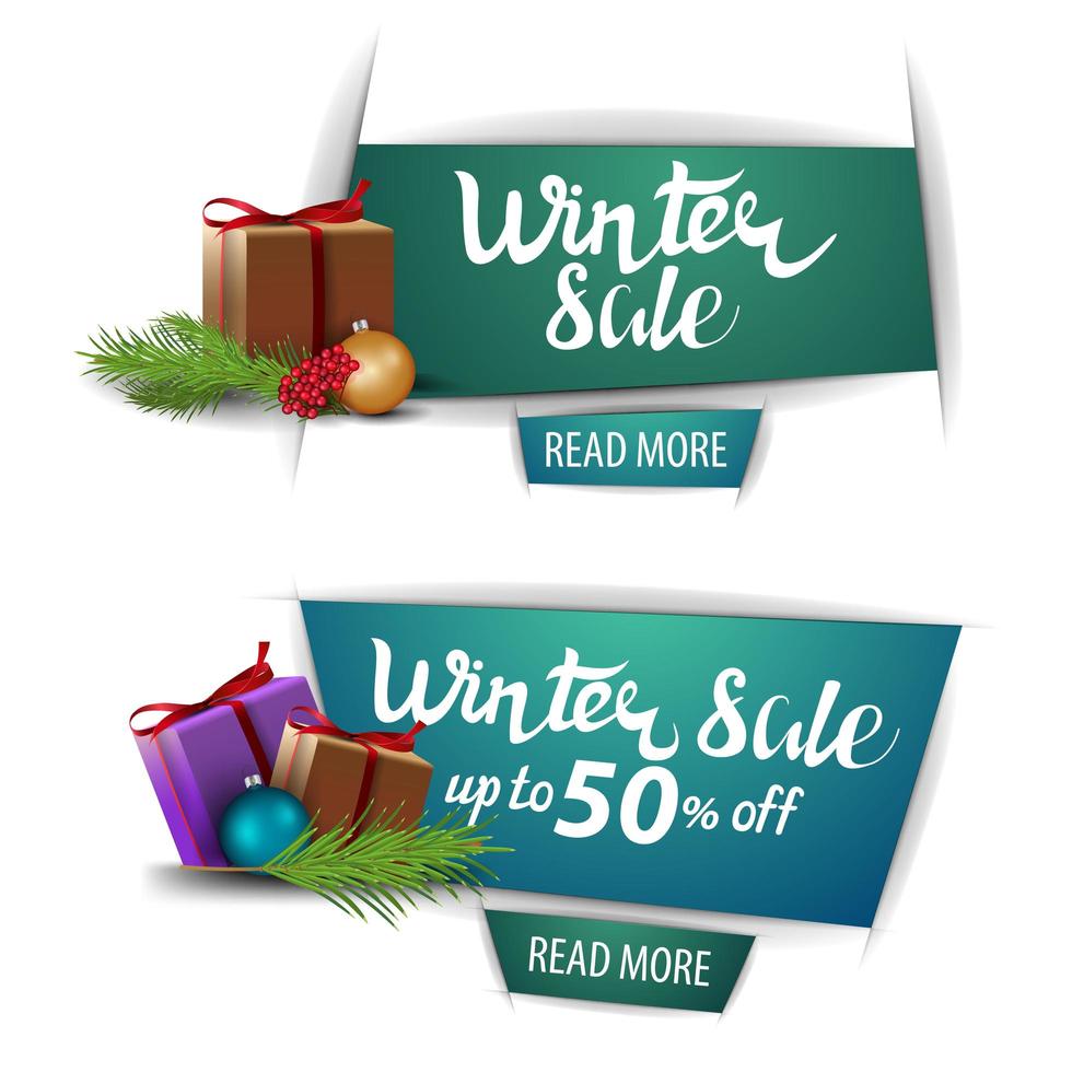 winter verkoop banners met knoppen en cadeautjes geïsoleerd vector