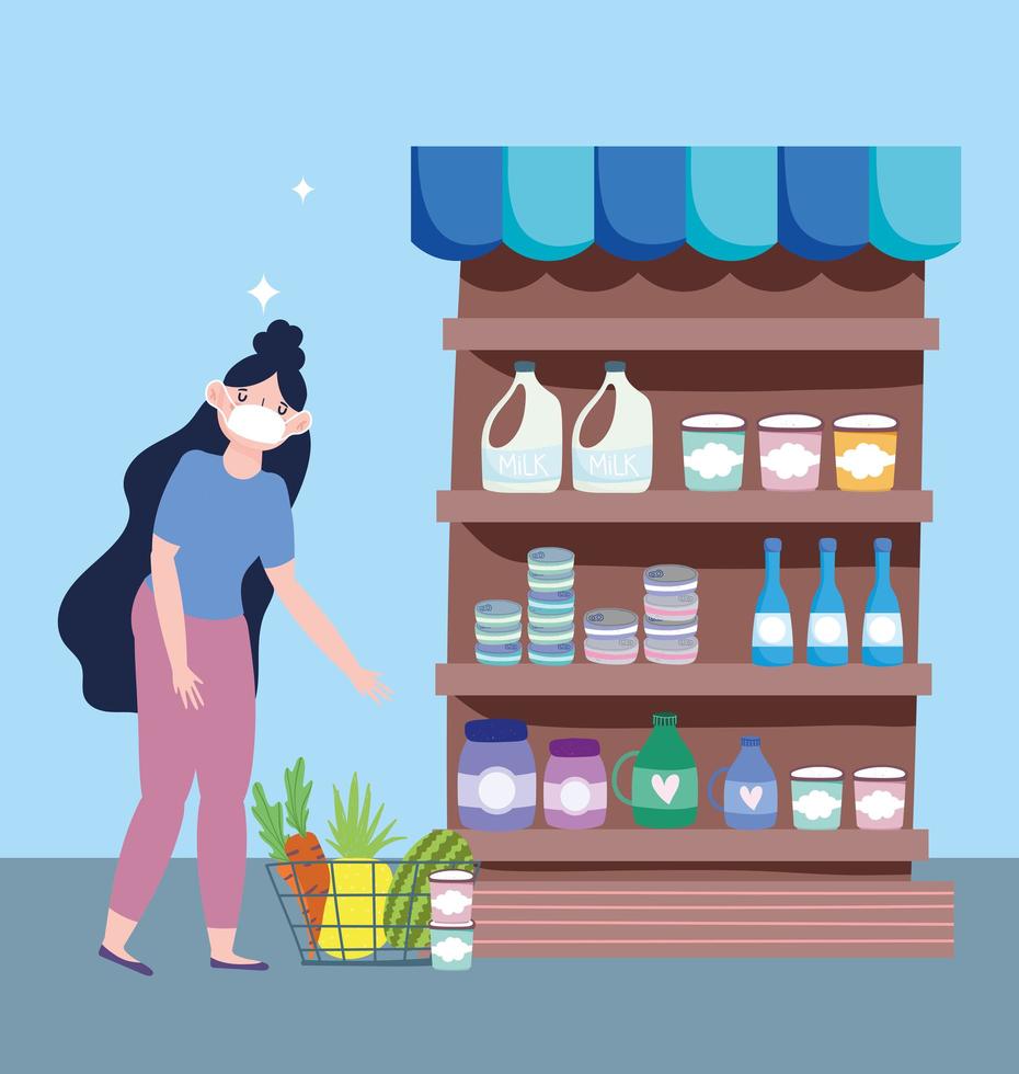 vrouw met gezichtsmasker in de supermarkt vector