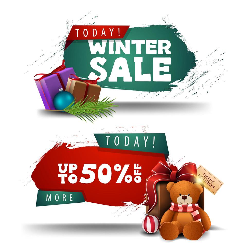 winterkortingsbanners met geschenken en teddybeer vector